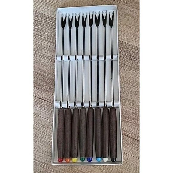 Eight 8 Vintage Japanese Stainless Steel Fondue Forks In Original Box - Picture 2 of 6